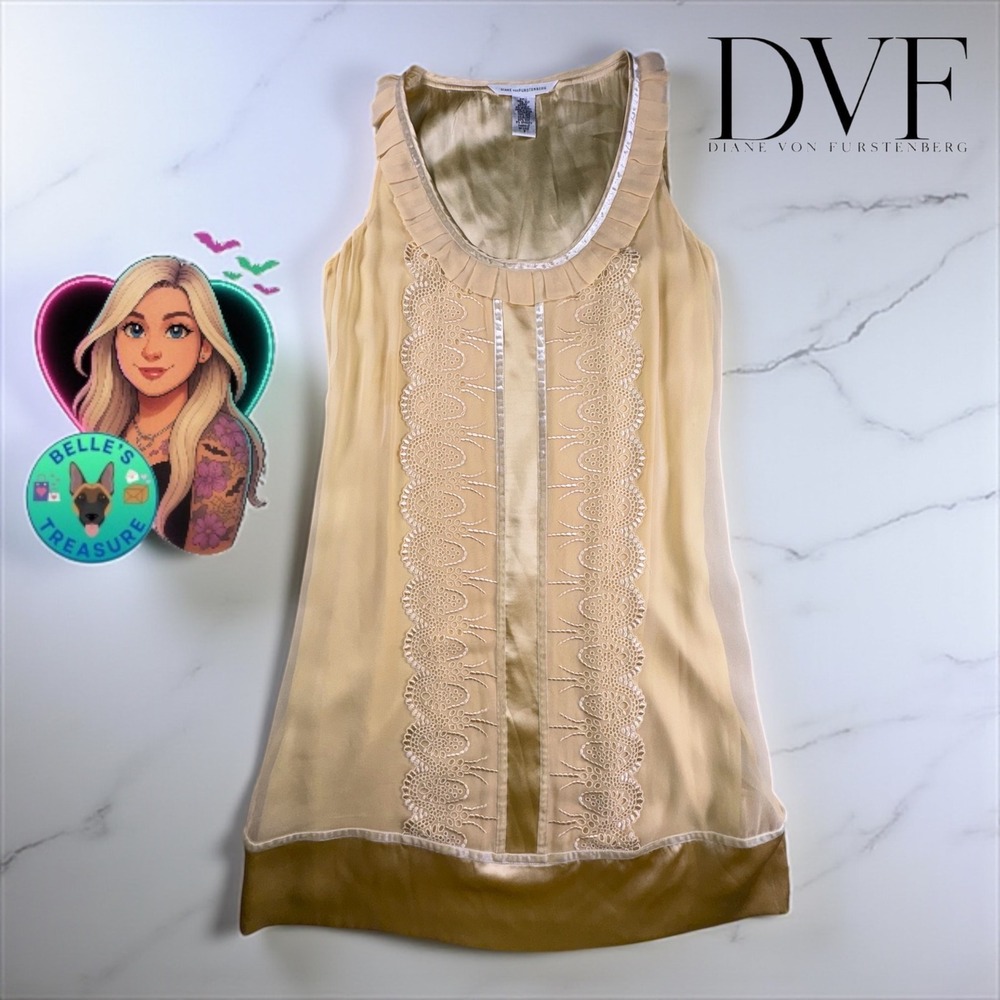 DVF‎ Diane von Furstenberg Slip Dress Sz 8 Sleeveless Silk Velvet Lace Champagne